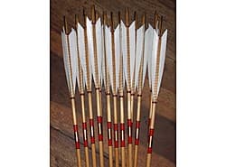 6 inch white medieval feathers, oak stain, red silk wrapping and crest
