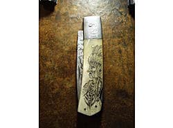 Damascus blade, Ox bone handle, Hand made scrimshaw, Native American Warrior motive