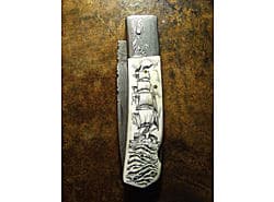 Damascus blade, Ox bone handle, Hand made scrimshaw, Whaling Ship