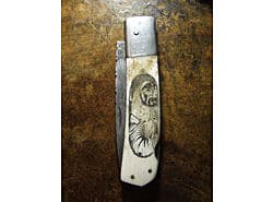Damascus blade, Ox bone handle, Hand made scrimshaw, Eskimo Hunter
