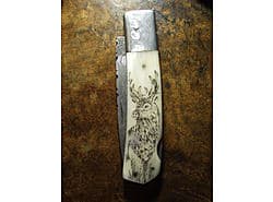 Damascus blade, Ox bone handle, Hand made scrimshaw, White Tailed Deer
