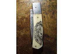 Damascus blade, Ox bone handle, Hand made scrimshaw, Lion motive