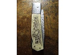Damascus blade, Ox bone handle, Hand made scrimshaw, Horse motive