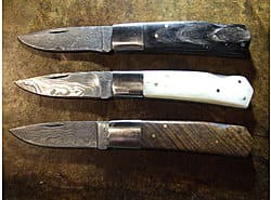 Damascus blade, Horn, bone or walnut handle, Nickel silver bolster
