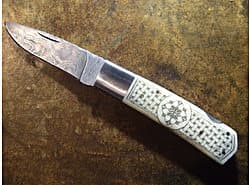 Damascus blade, Engraved Ox bone handle, Nickel silver bolster