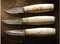 Hand forged damascus steel blade, Birch handles